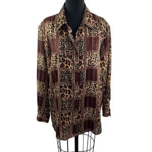VINTAGE Yves St. Clair Button Down Shirt Top Leopard Print Long Sleeves Size 16